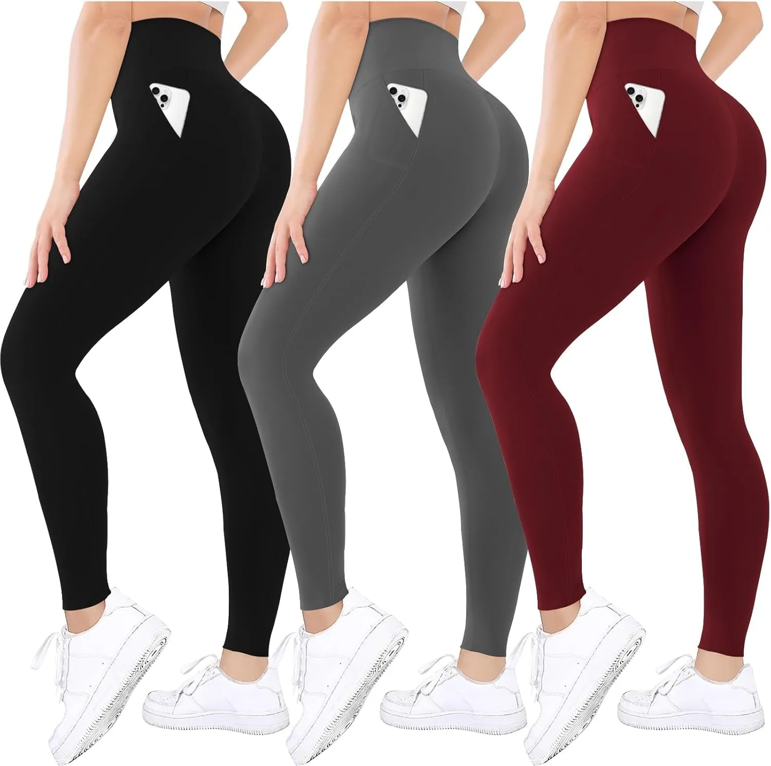 3 Pack Black Leggings Tights Buttery Soft Tummy Control Pants Lined Legging