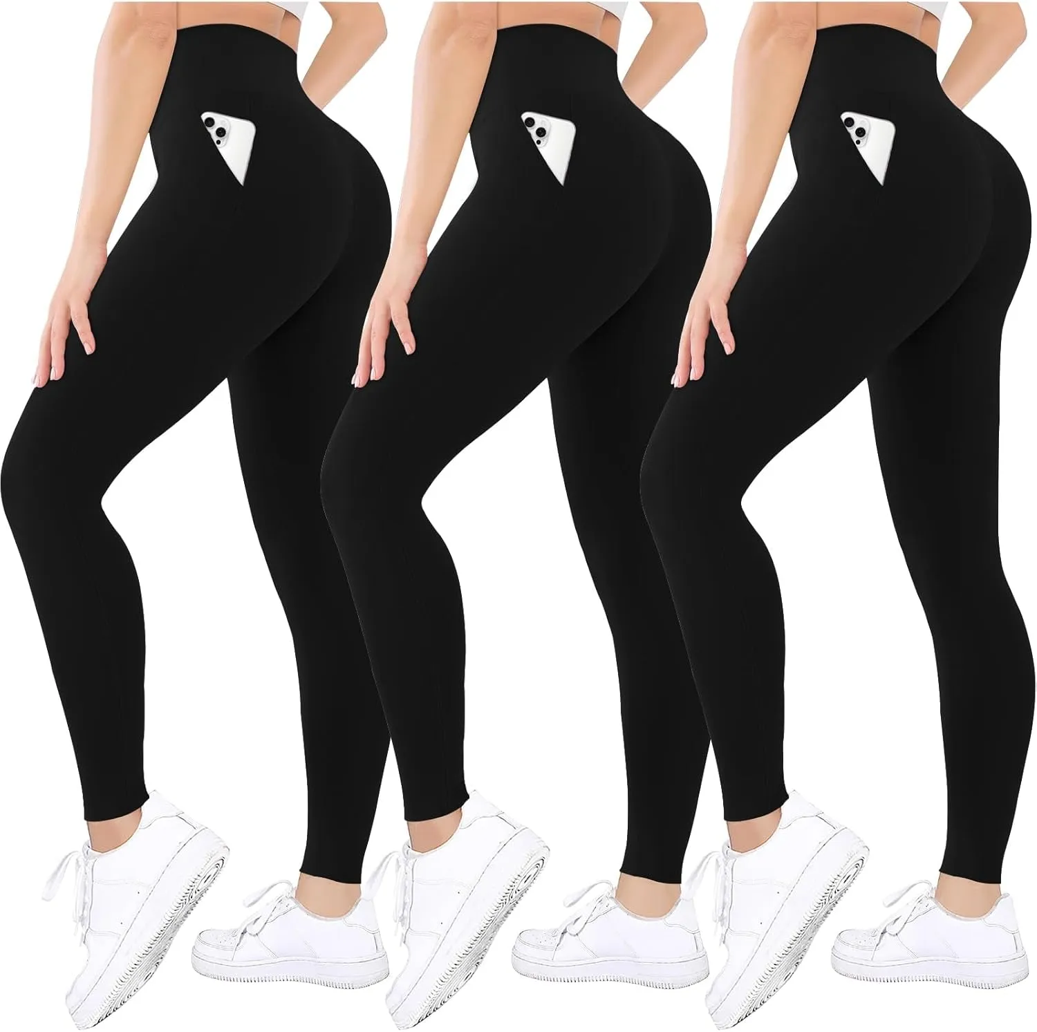 3 Pack Black Leggings Tights Buttery Soft Tummy Control Pants Lined Legging