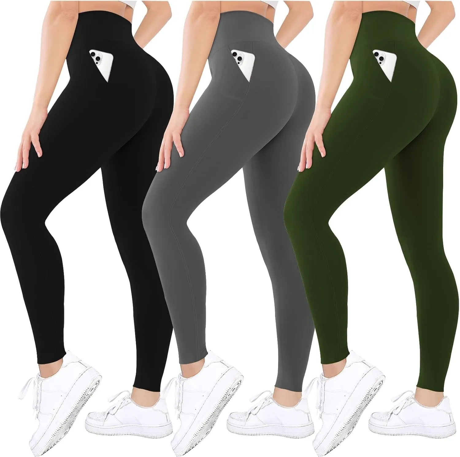 3 Pack Black Leggings Tights Buttery Soft Tummy Control Pants Lined Legging
