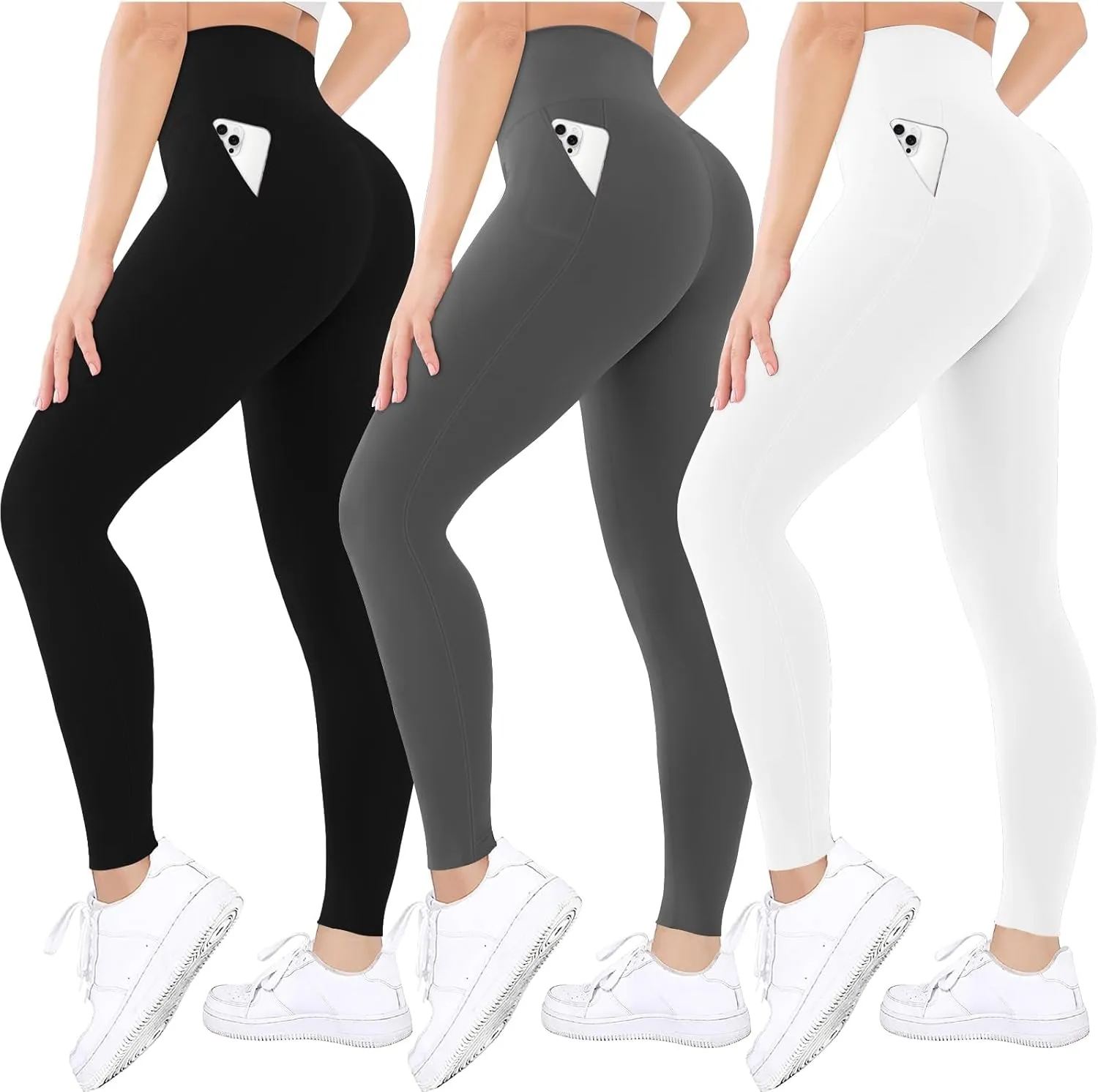 3 Pack Black Leggings Tights Buttery Soft Tummy Control Pants Lined Legging