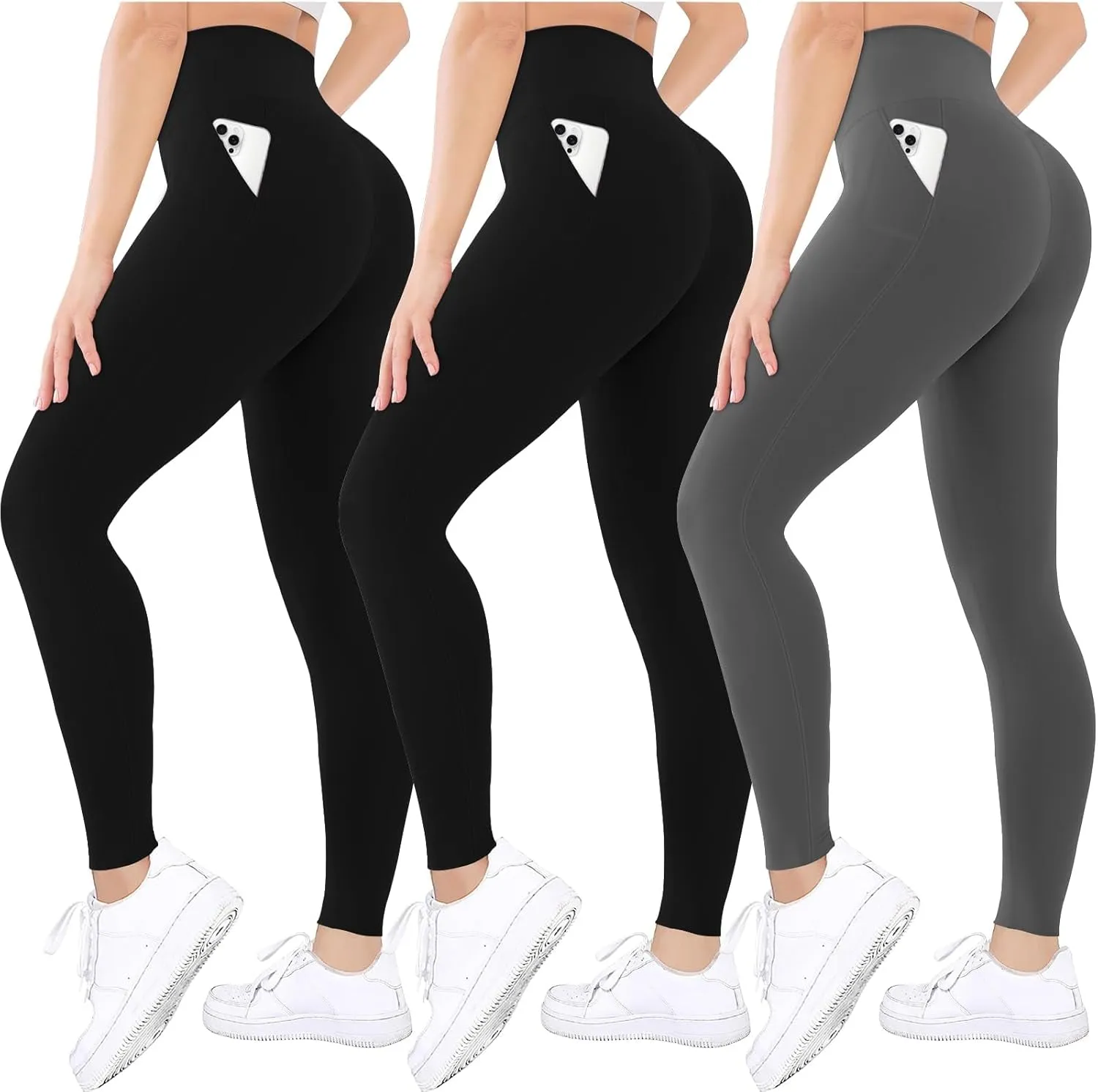 3 Pack Black Leggings Tights Buttery Soft Tummy Control Pants Lined Legging