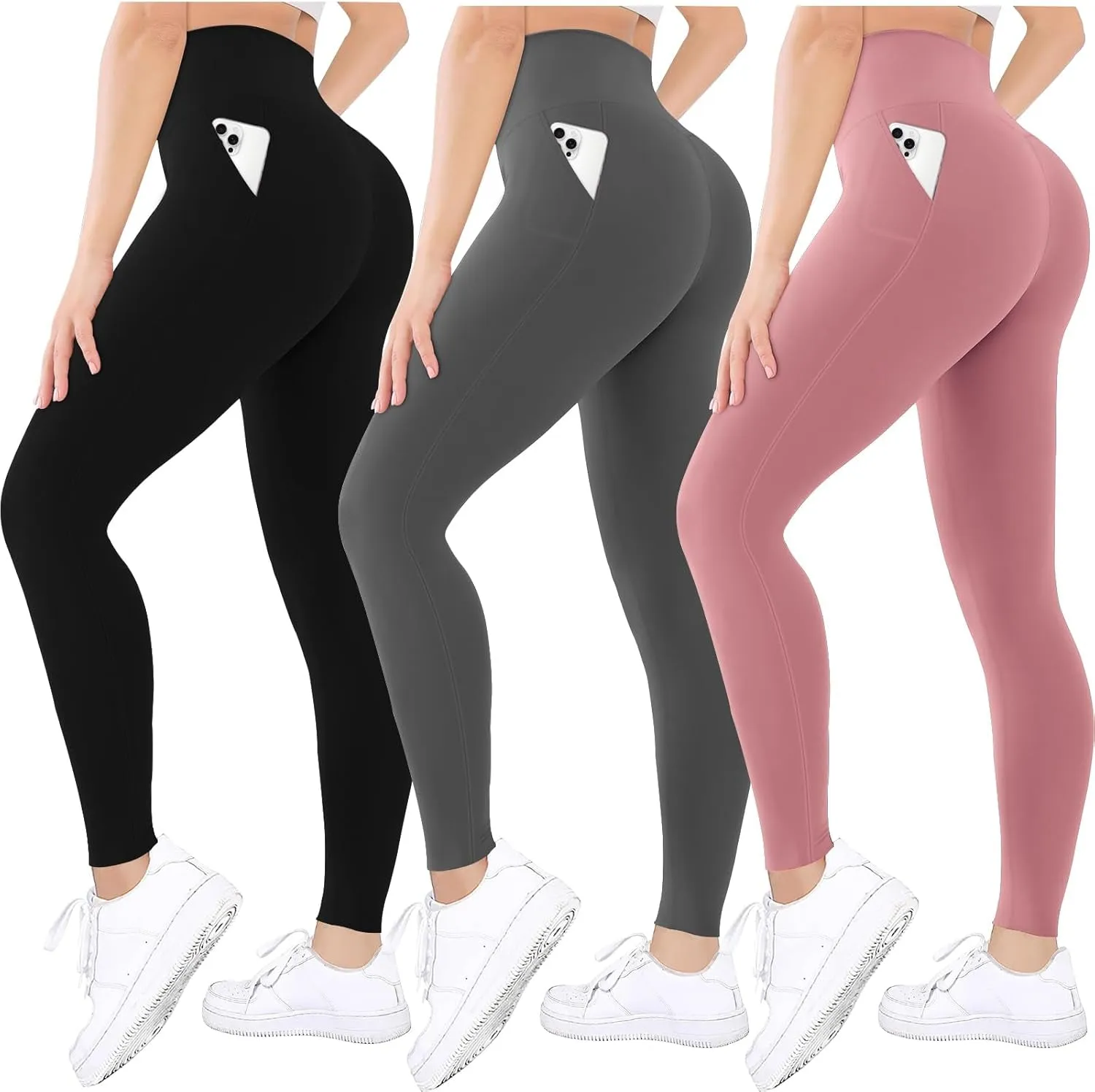 3 Pack Black Leggings Tights Buttery Soft Tummy Control Pants Lined Legging