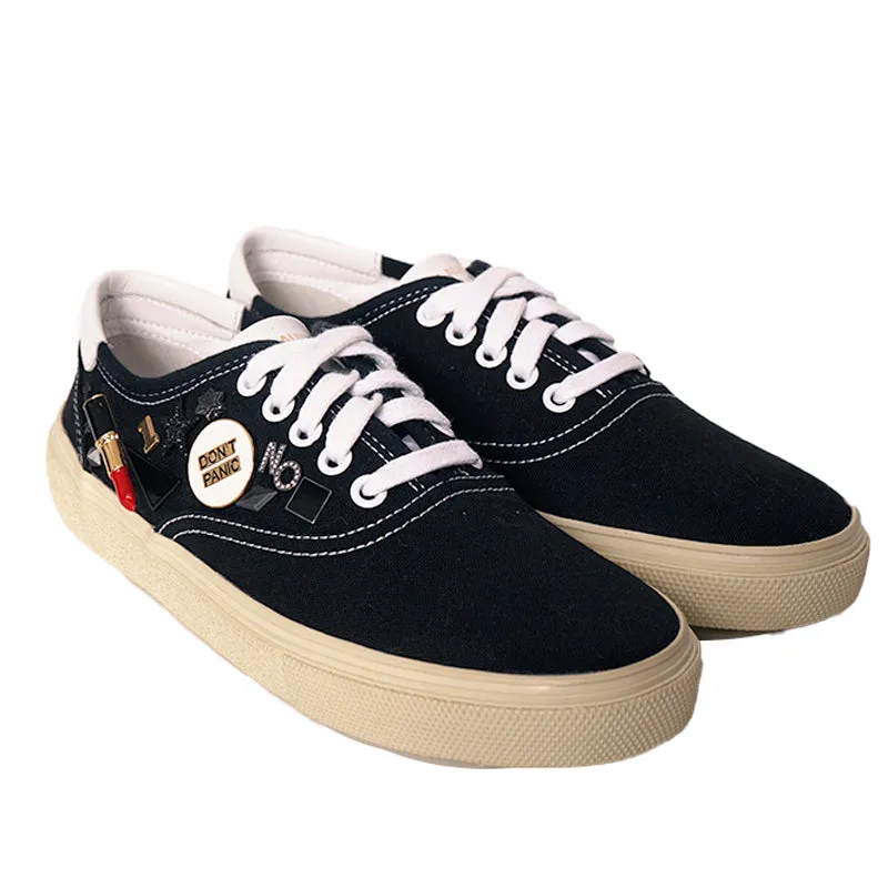 37 NEW $2,750 SAINT LAURENT Woman's Black Canvas RARE LOGO PINS SKATE SNEAKERS