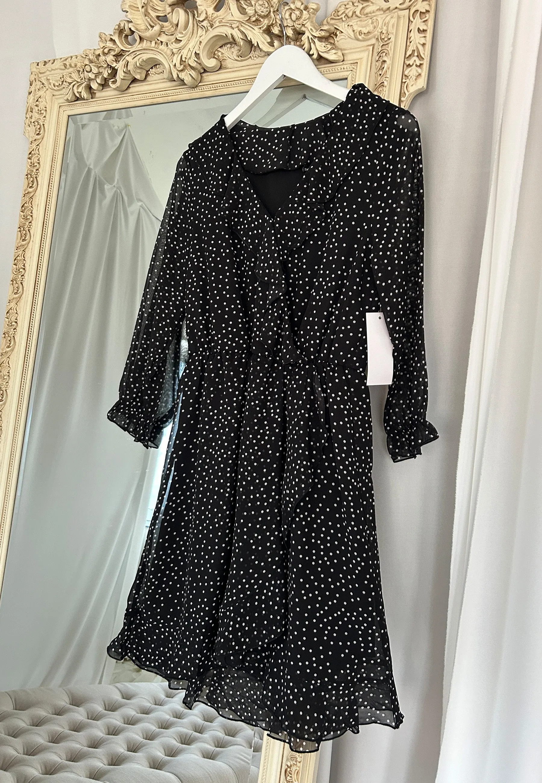 (5P. PACK) Polka Dot Faux Wrap Mini Dress with Elasticated Waist in Black Chiffon