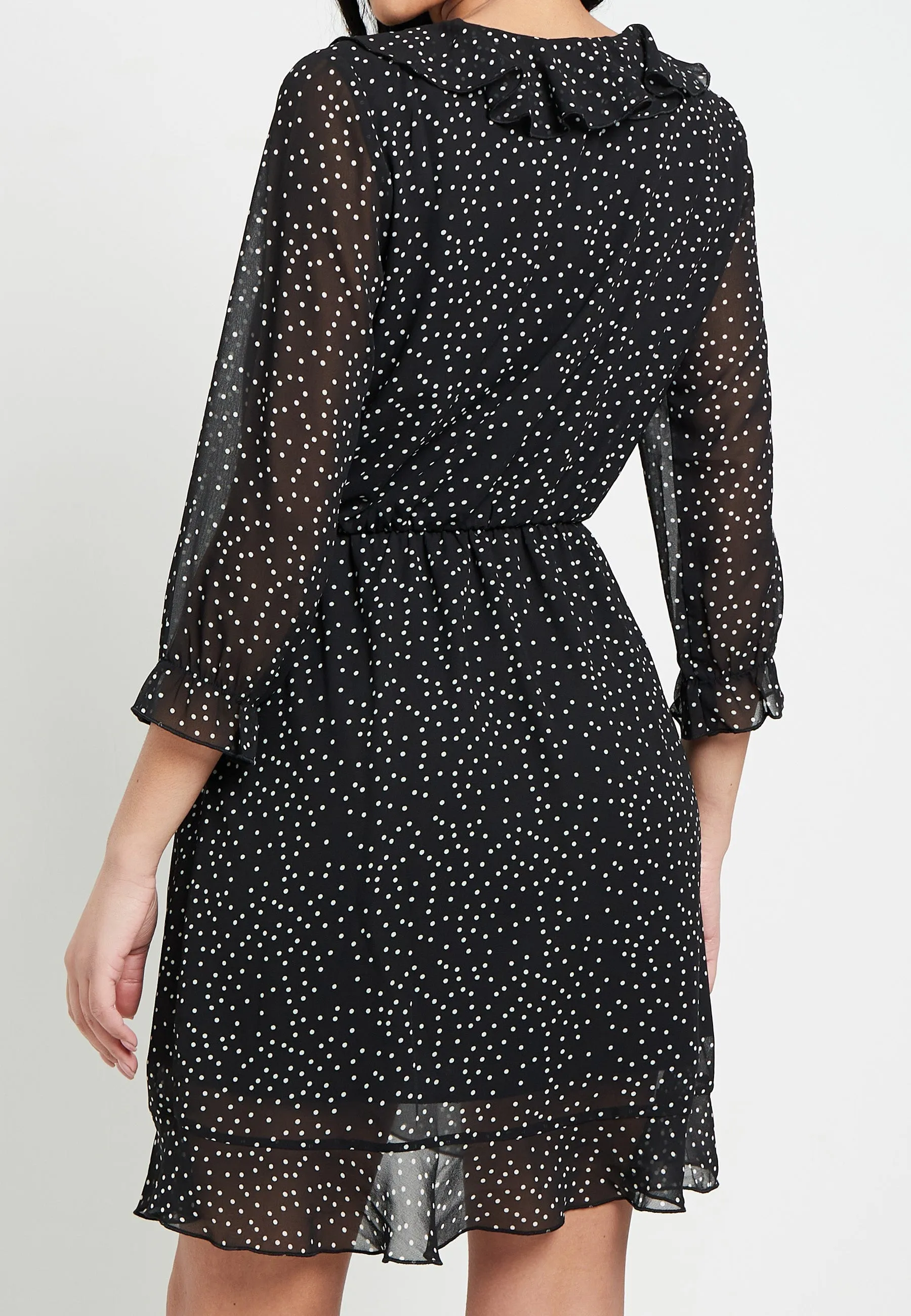 (5P. PACK) Polka Dot Faux Wrap Mini Dress with Elasticated Waist in Black Chiffon