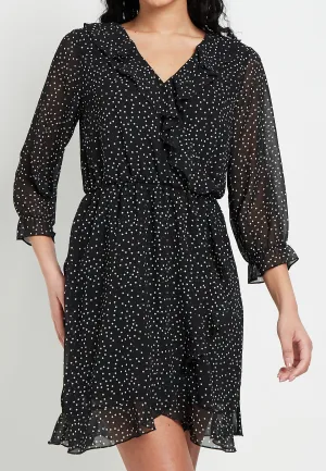(5P. PACK) Polka Dot Faux Wrap Mini Dress with Elasticated Waist in Black Chiffon