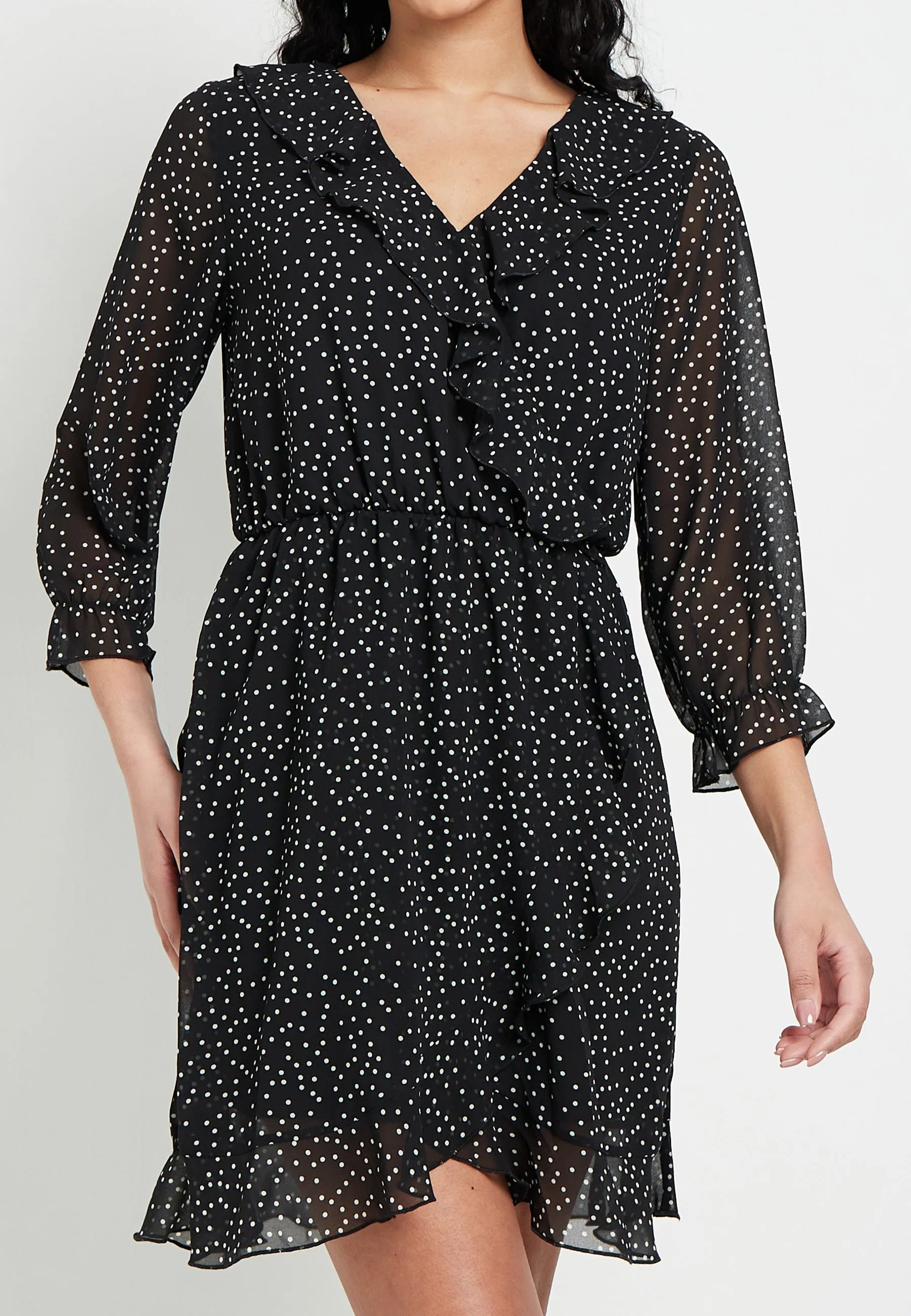 (5P. PACK) Polka Dot Faux Wrap Mini Dress with Elasticated Waist in Black Chiffon