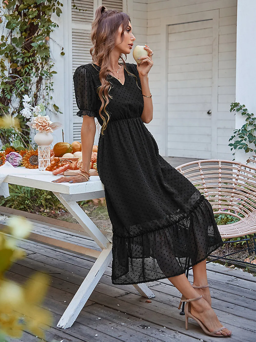 Anna-Kaci Women Summer Swiss Dot Short Sleeve Dress High Waist V Neck Floral Print Flowy Maxi Dress
