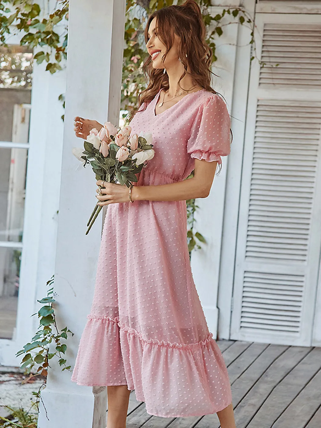 Anna-Kaci Women Summer Swiss Dot Short Sleeve Dress High Waist V Neck Floral Print Flowy Maxi Dress