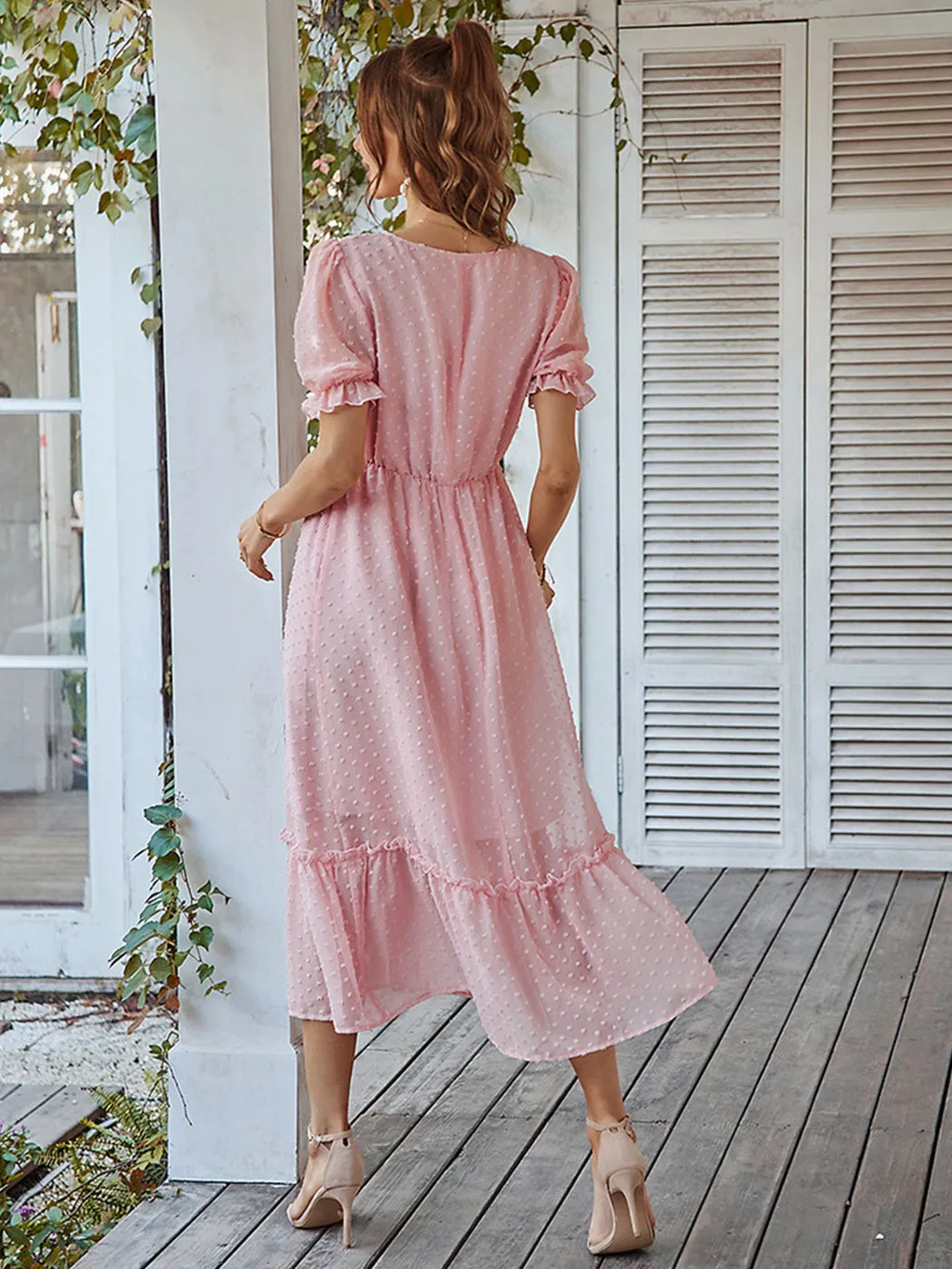 Anna-Kaci Women Summer Swiss Dot Short Sleeve Dress High Waist V Neck Floral Print Flowy Maxi Dress