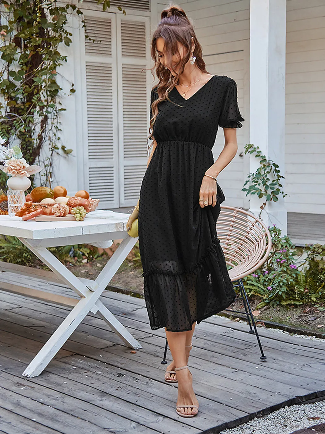 Anna-Kaci Women Summer Swiss Dot Short Sleeve Dress High Waist V Neck Floral Print Flowy Maxi Dress