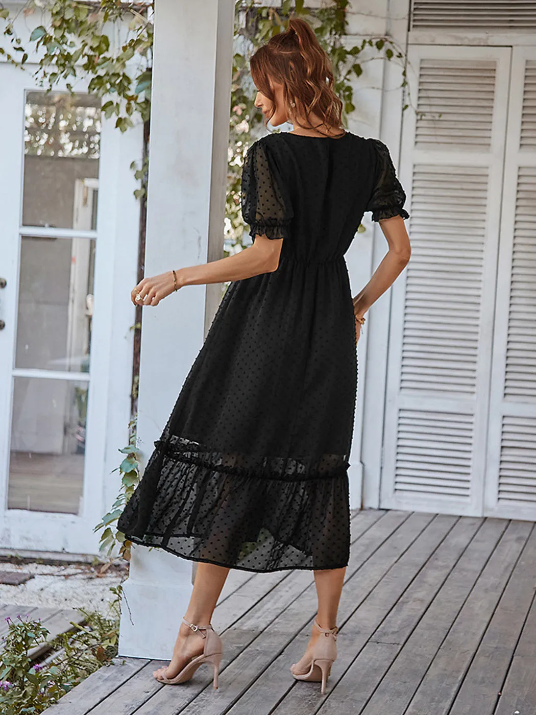 Anna-Kaci Women Summer Swiss Dot Short Sleeve Dress High Waist V Neck Floral Print Flowy Maxi Dress