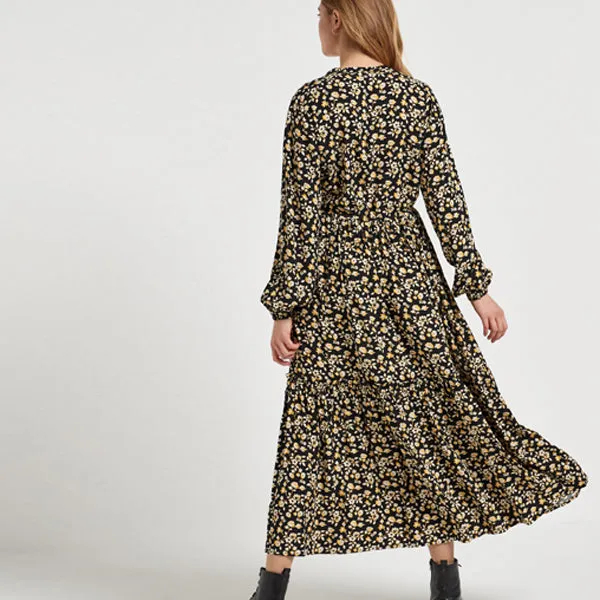 Black Floral Long Sleeved Midi Dress
