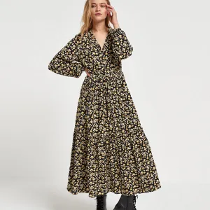 Black Floral Long Sleeved Midi Dress