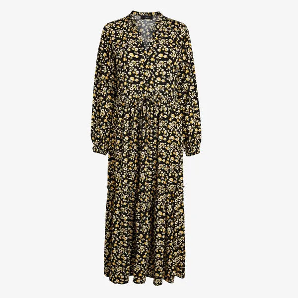 Black Floral Long Sleeved Midi Dress