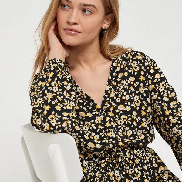 Black Floral Long Sleeved Midi Dress