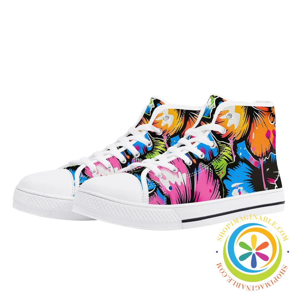 Bright Hibiscus Ladies High Top Canvas Shoes