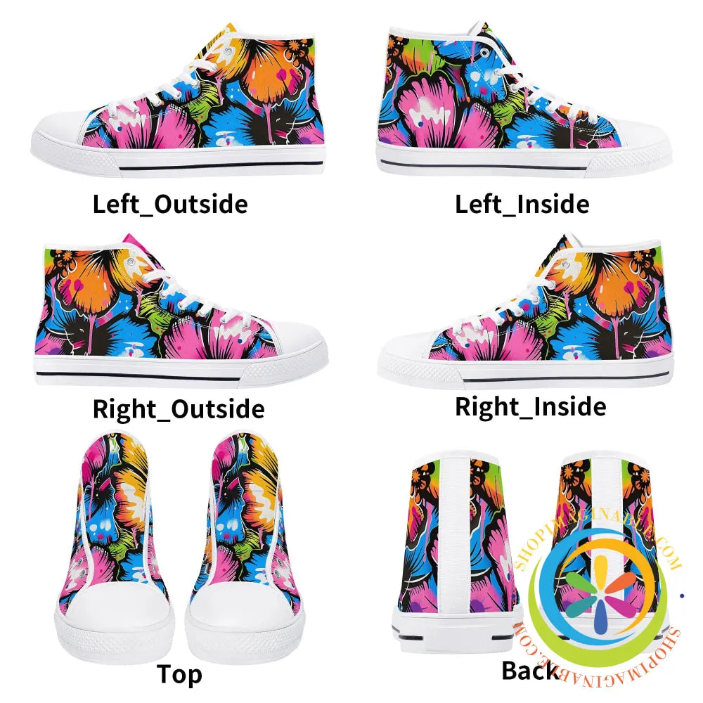 Bright Hibiscus Ladies High Top Canvas Shoes