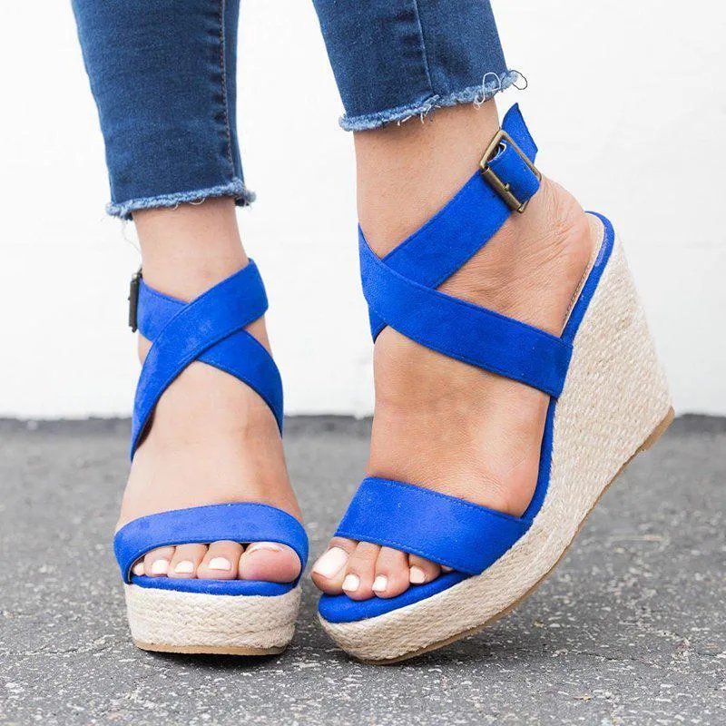 Criss Cross Strap Adjustable Buckle Wedge Sandals