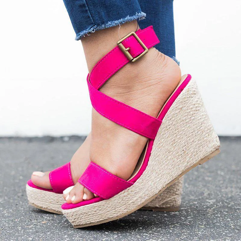 Criss Cross Strap Adjustable Buckle Wedge Sandals