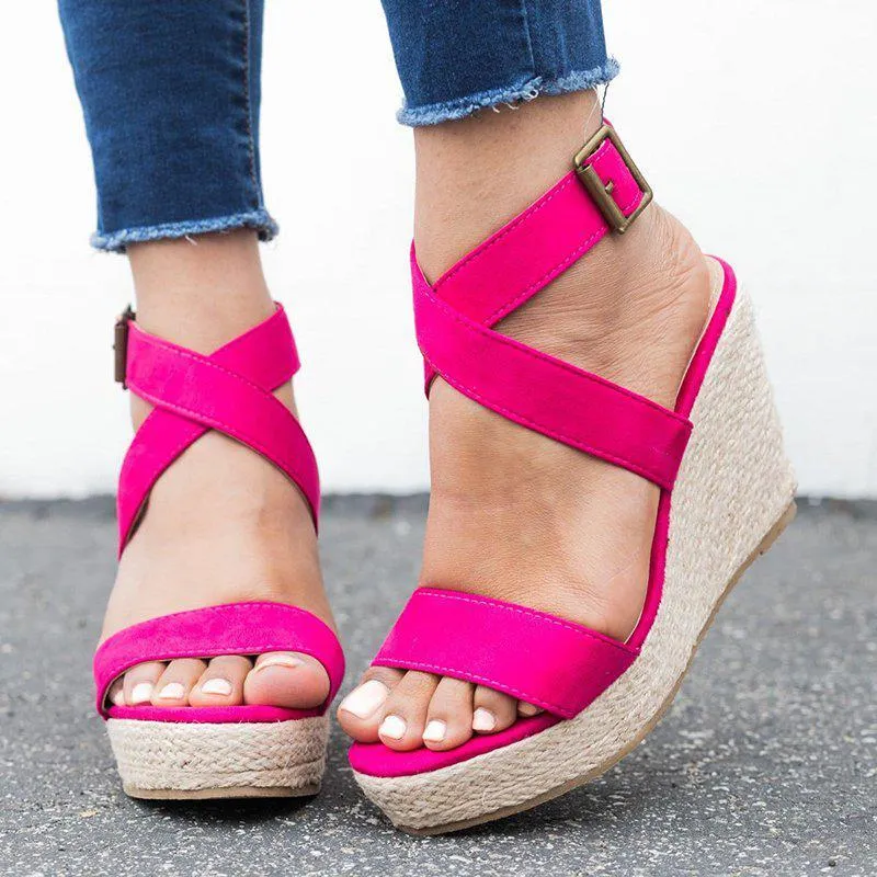 Criss Cross Strap Adjustable Buckle Wedge Sandals