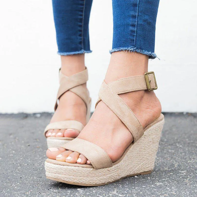 Criss Cross Strap Adjustable Buckle Wedge Sandals