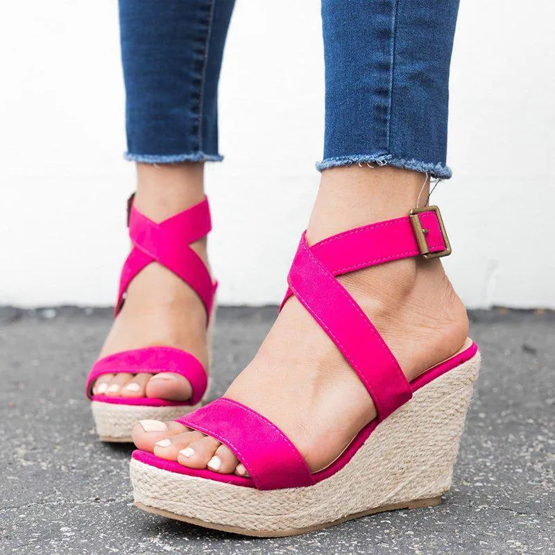 Criss Cross Strap Adjustable Buckle Wedge Sandals