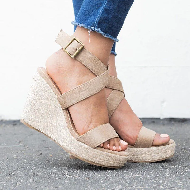 Criss Cross Strap Adjustable Buckle Wedge Sandals
