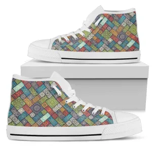 Diagonal Floral Tiles - Women's High Top Shoes (White)
