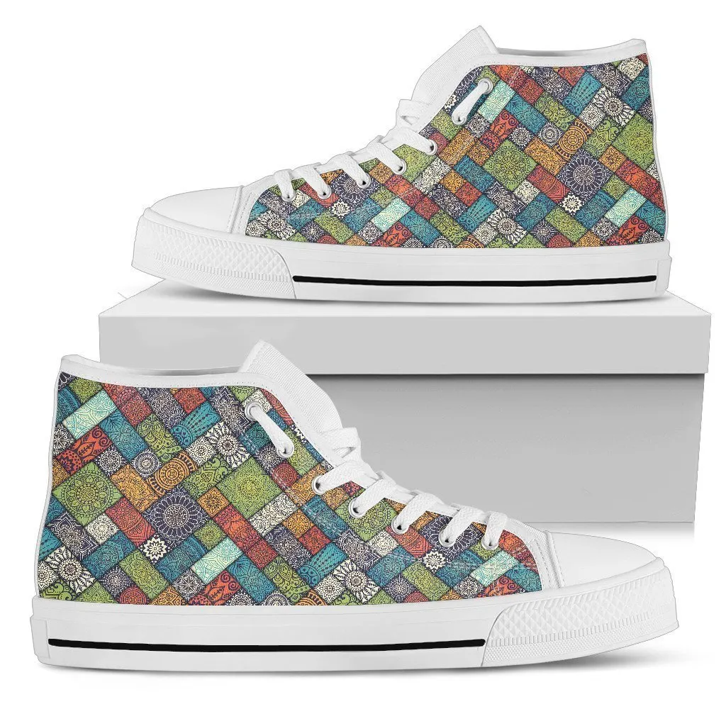 Diagonal Floral Tiles - Women's High Top Shoes (White)