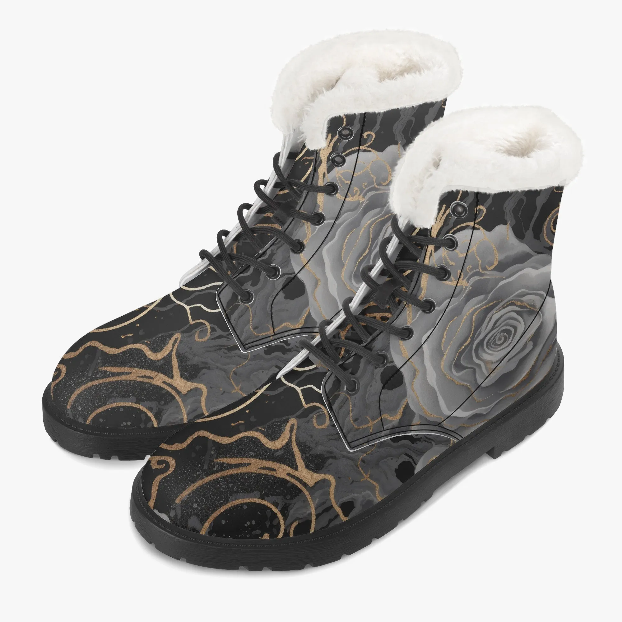 Faux Fur Leather Boots Black Grey Roses