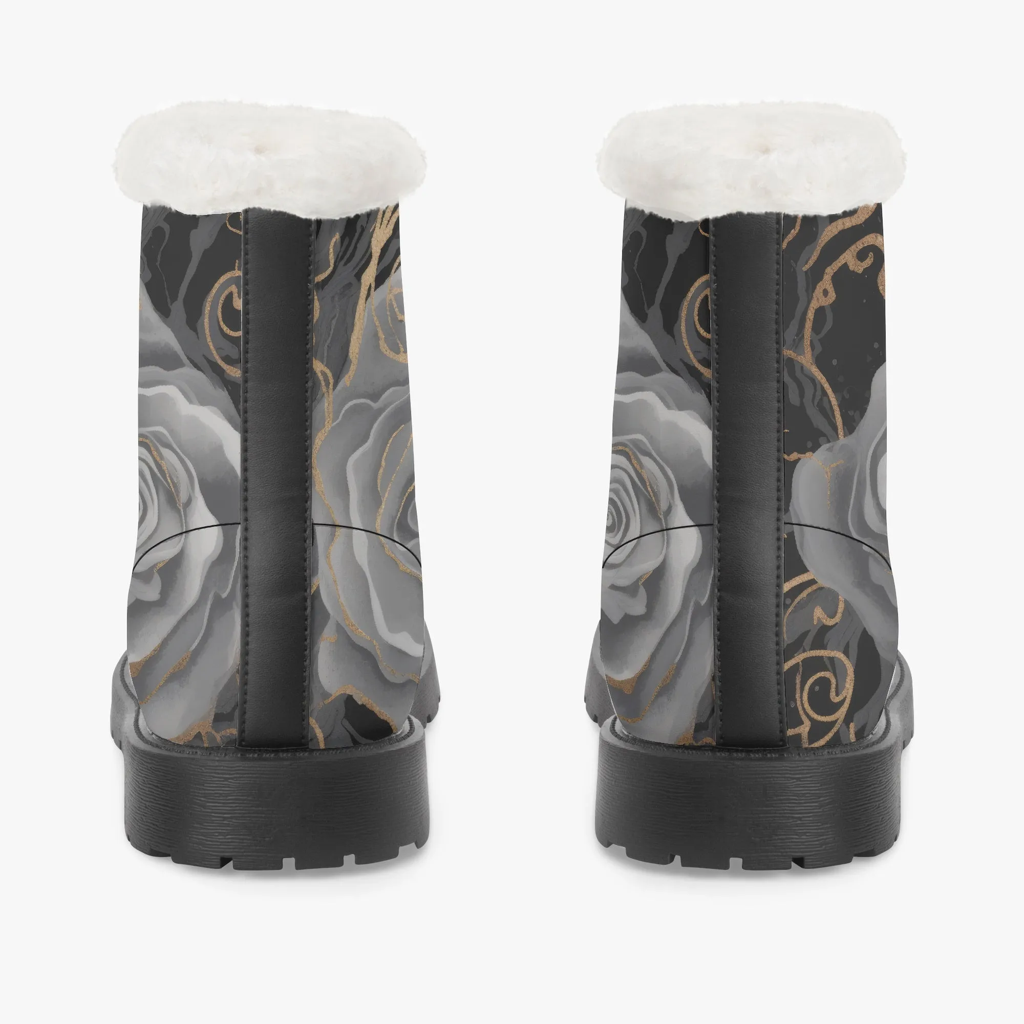 Faux Fur Leather Boots Black Grey Roses
