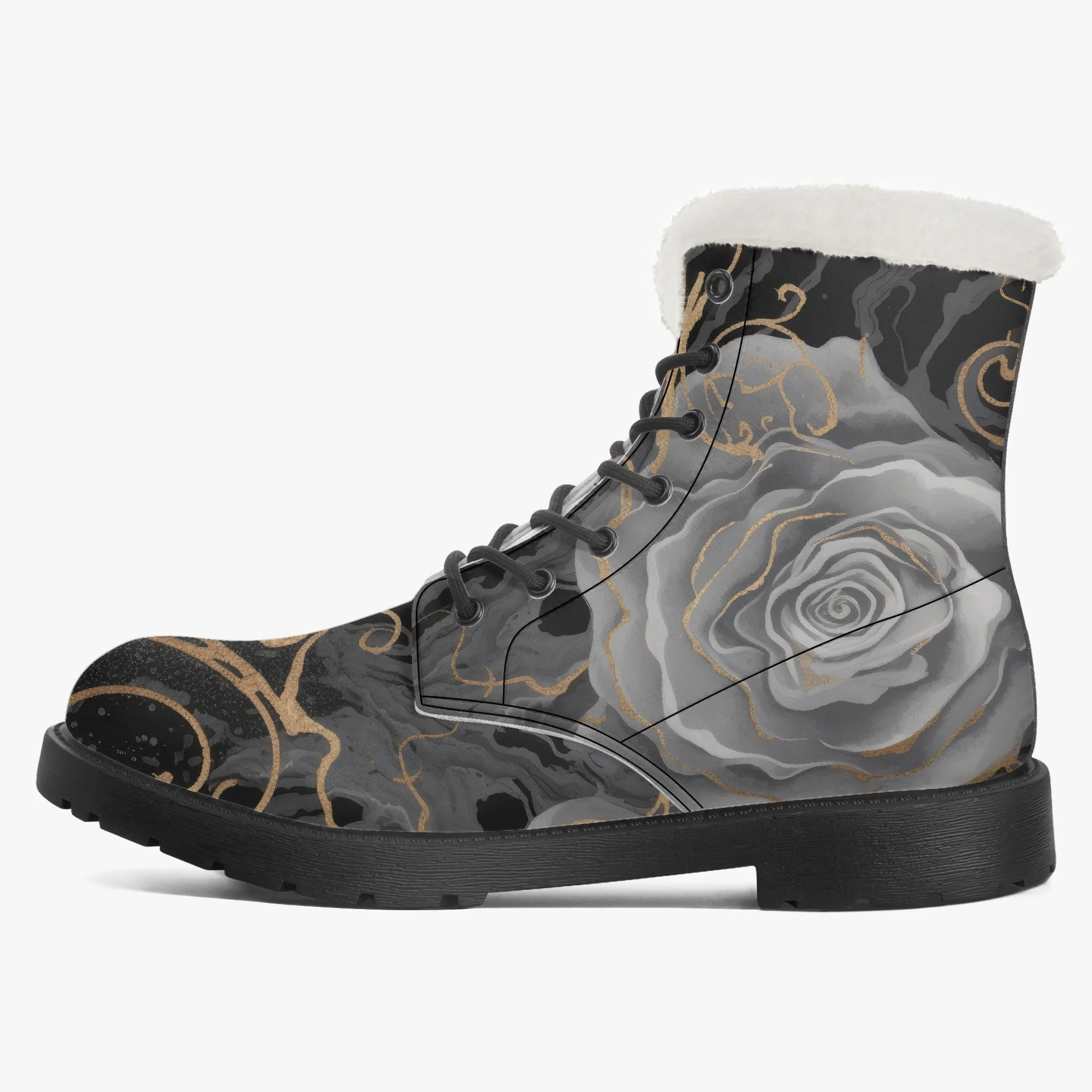 Faux Fur Leather Boots Black Grey Roses