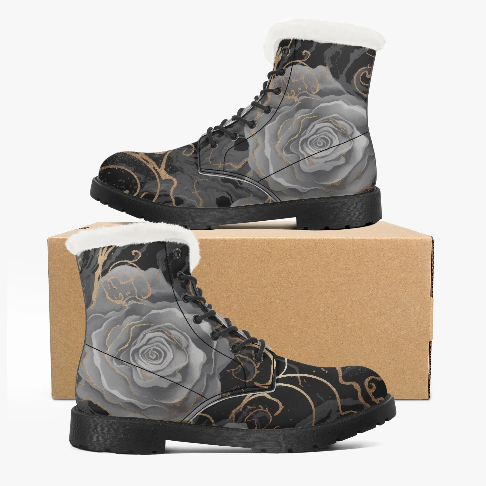 Faux Fur Leather Boots Black Grey Roses