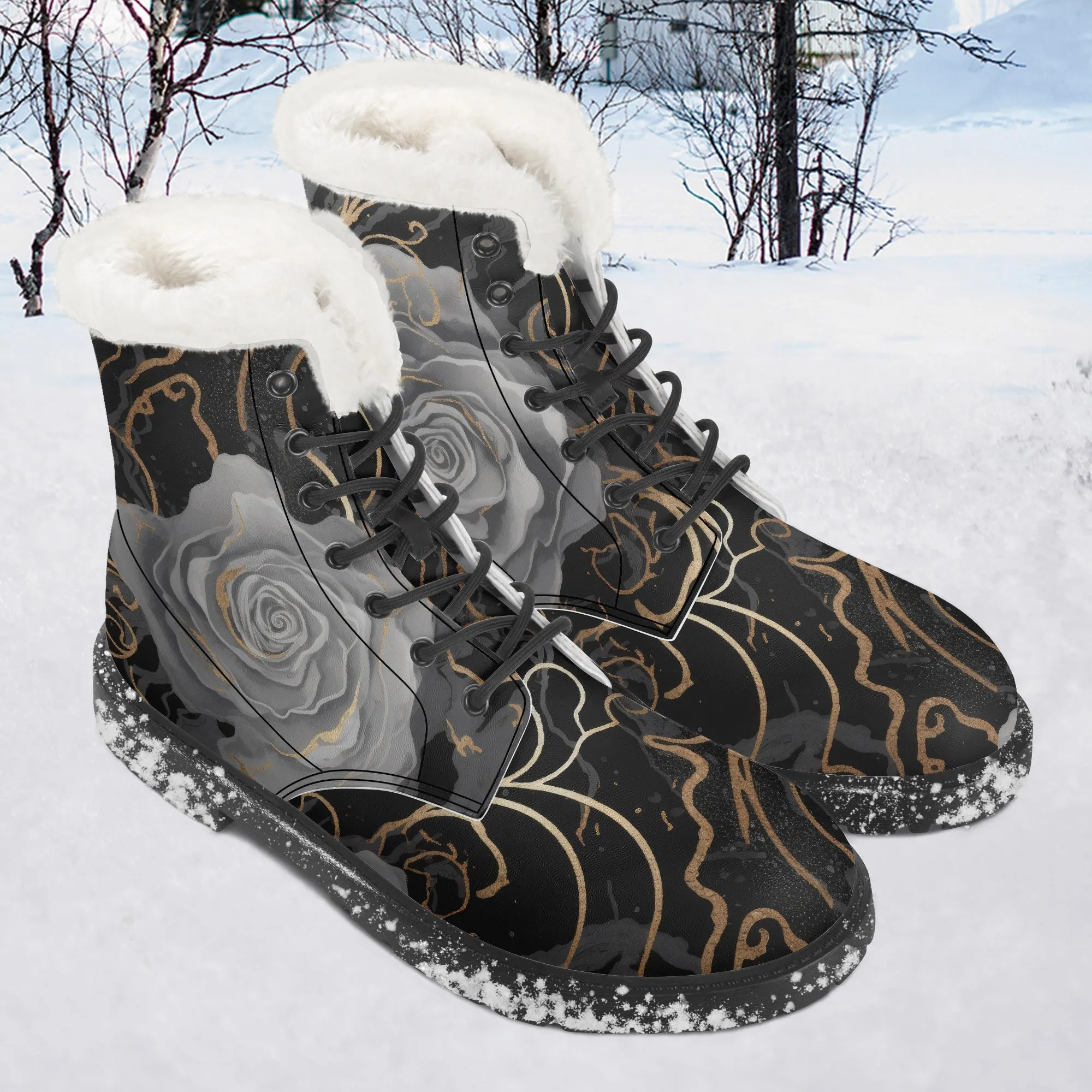 Faux Fur Leather Boots Black Grey Roses
