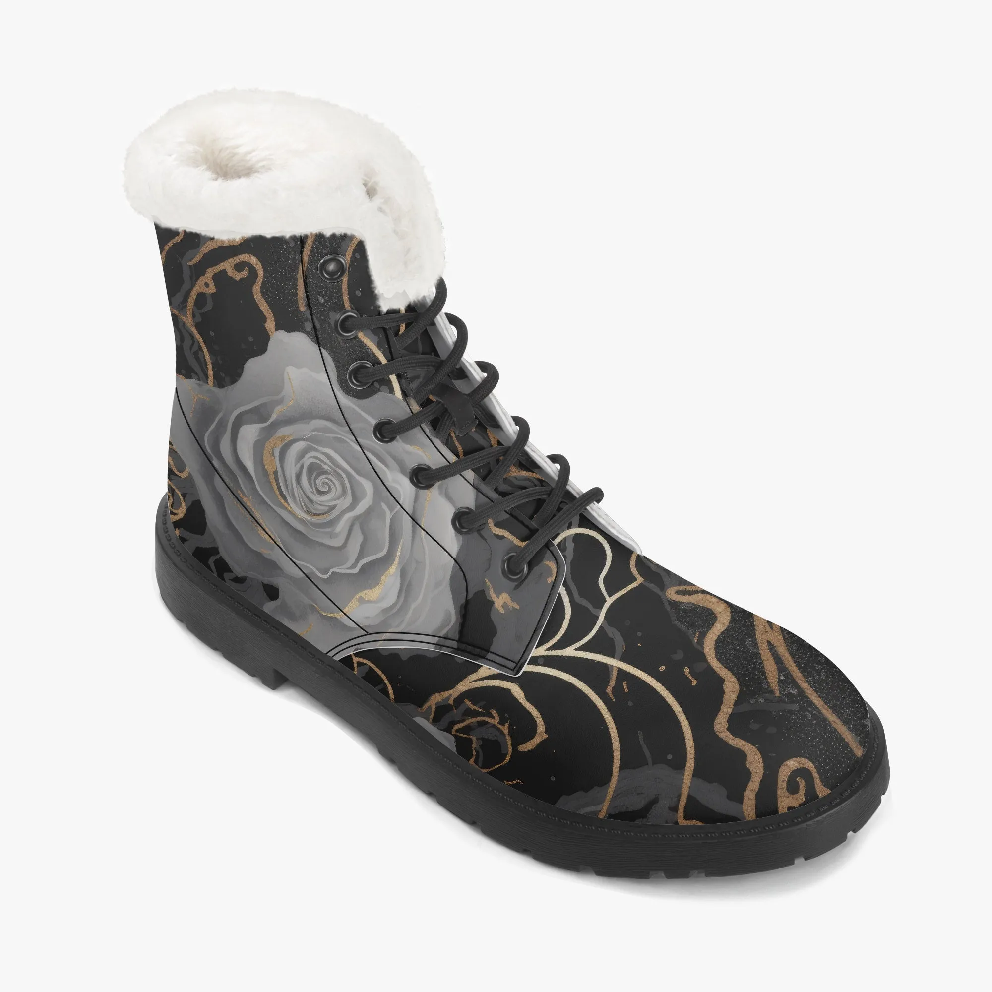 Faux Fur Leather Boots Black Grey Roses