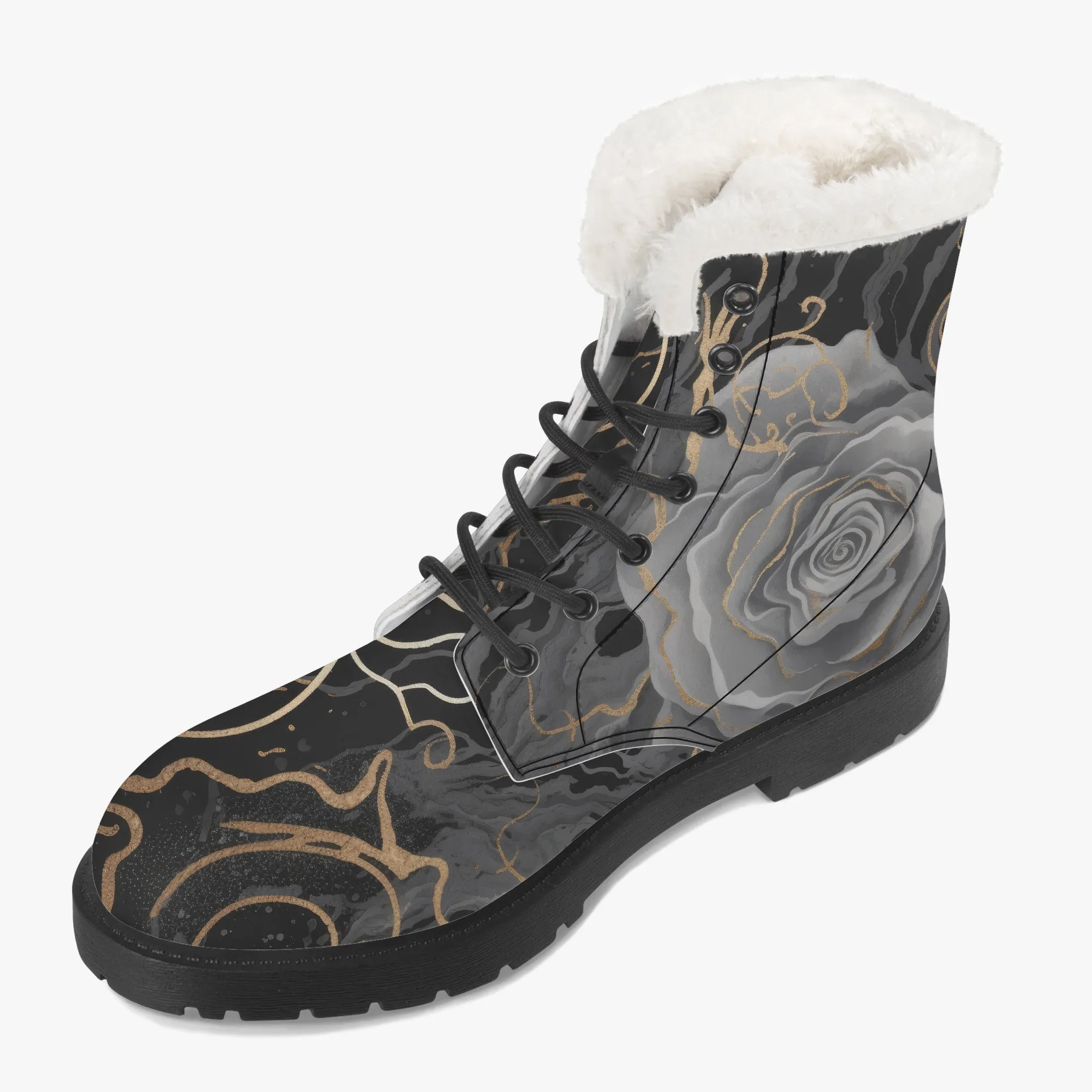 Faux Fur Leather Boots Black Grey Roses