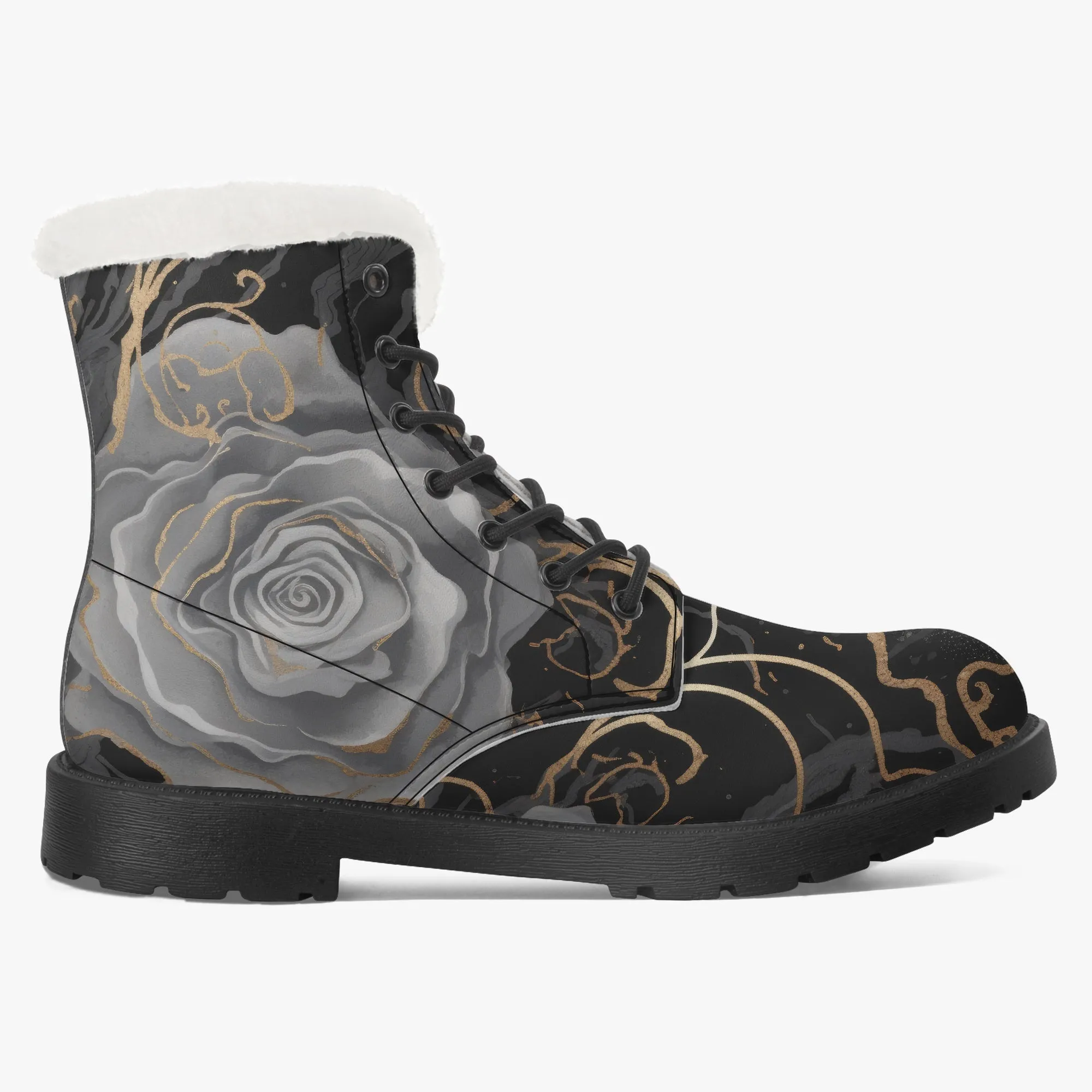 Faux Fur Leather Boots Black Grey Roses