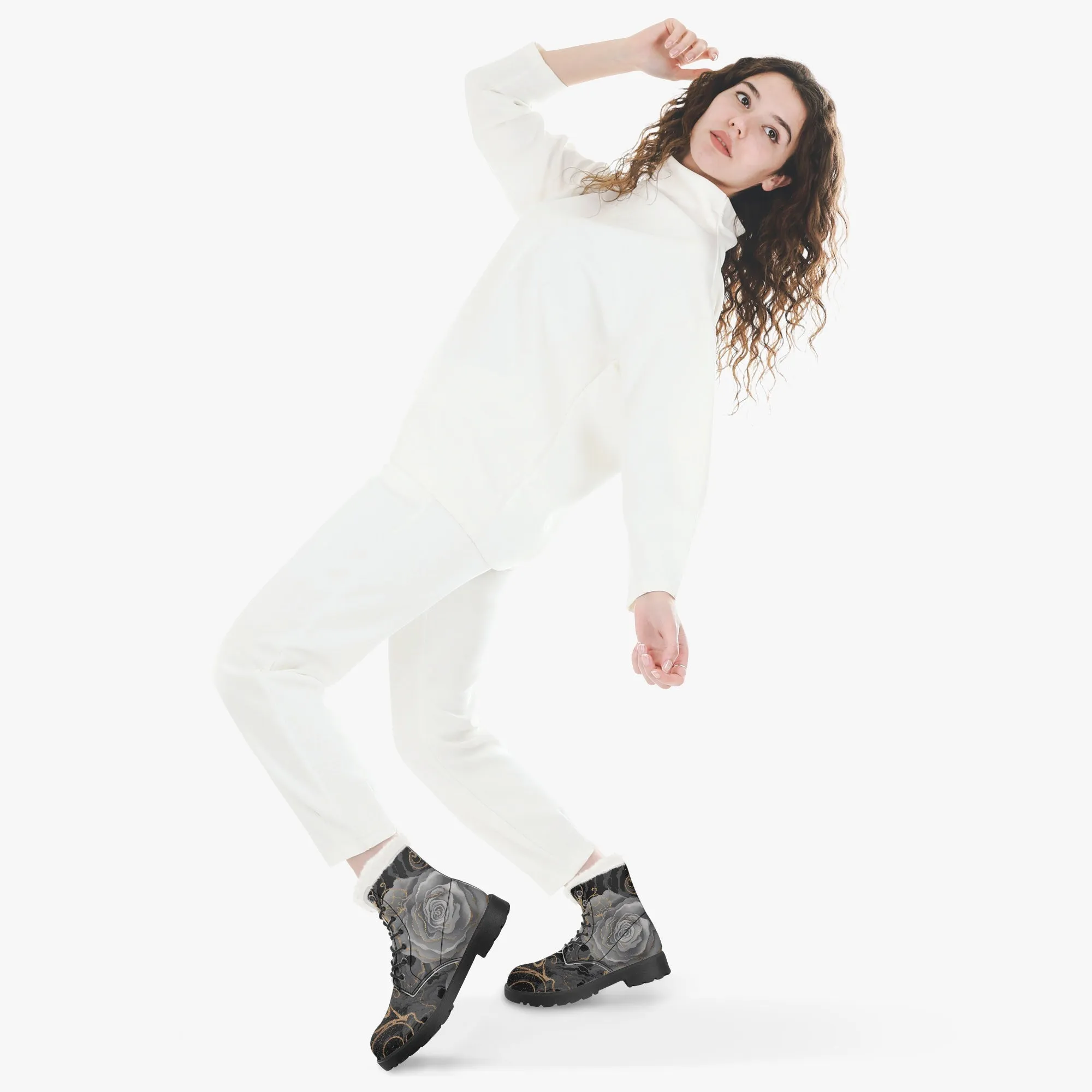 Faux Fur Leather Boots Black Grey Roses