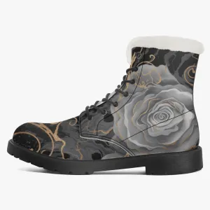Faux Fur Leather Boots Black Grey Roses