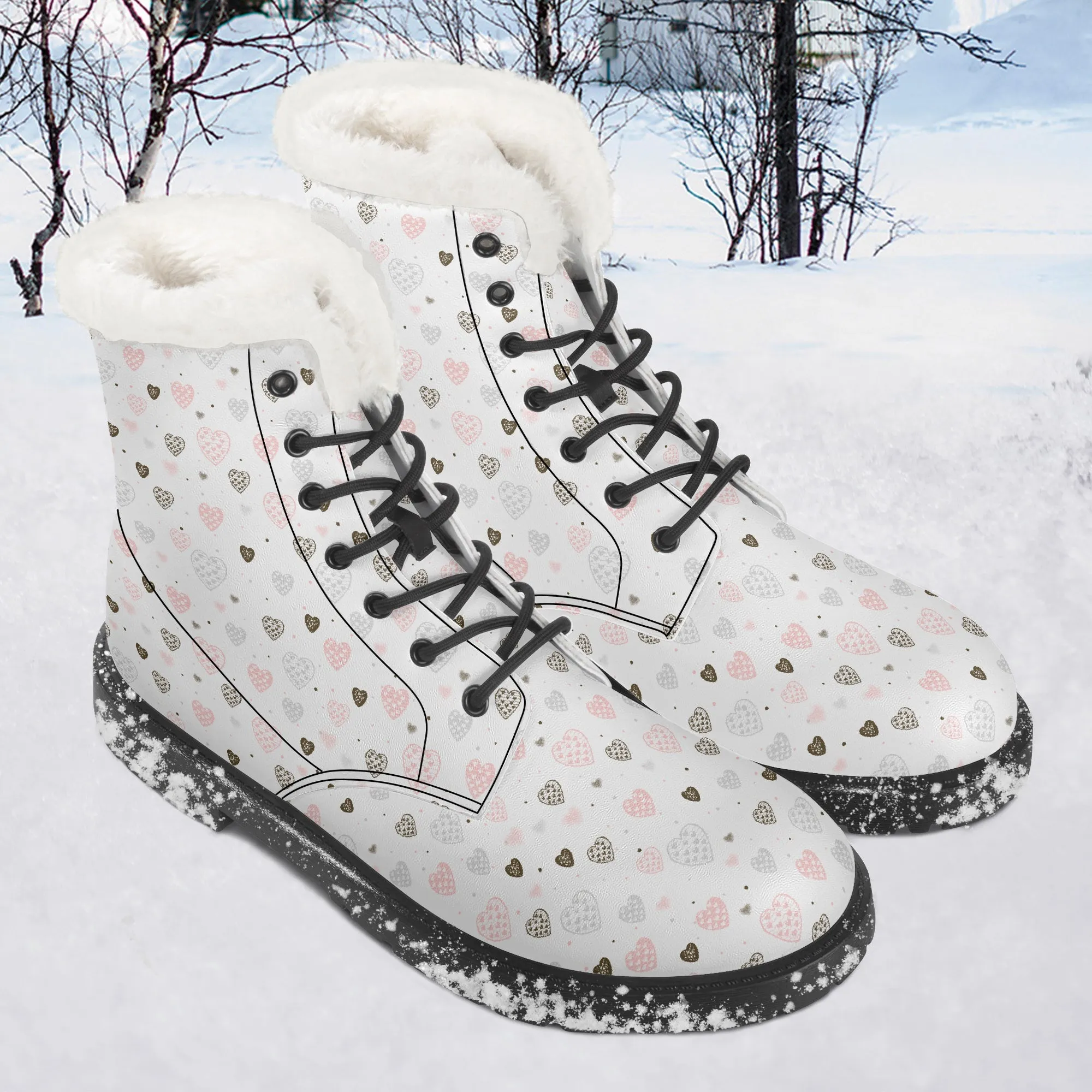 Faux Fur Leather Boots Multi Hearts