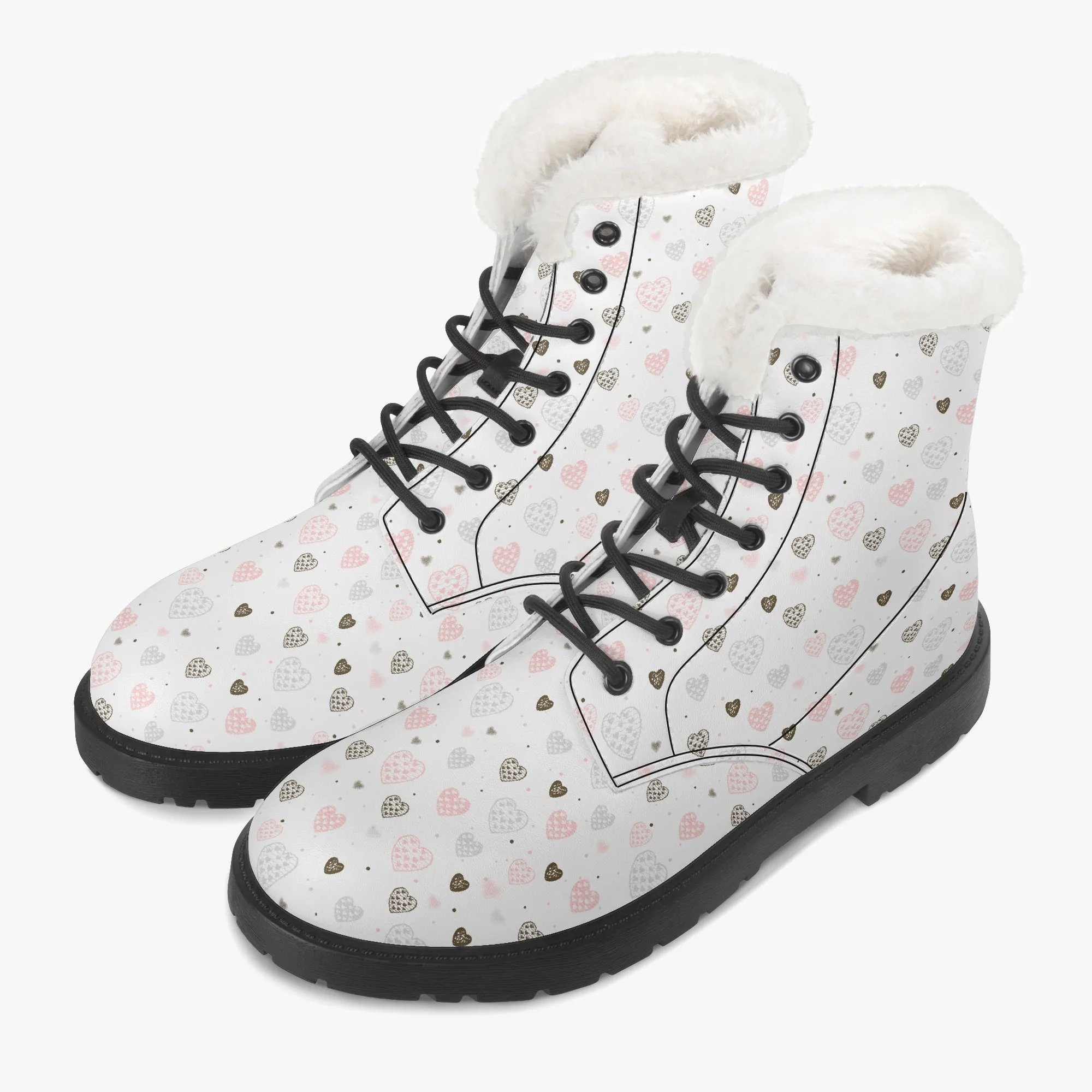 Faux Fur Leather Boots Multi Hearts