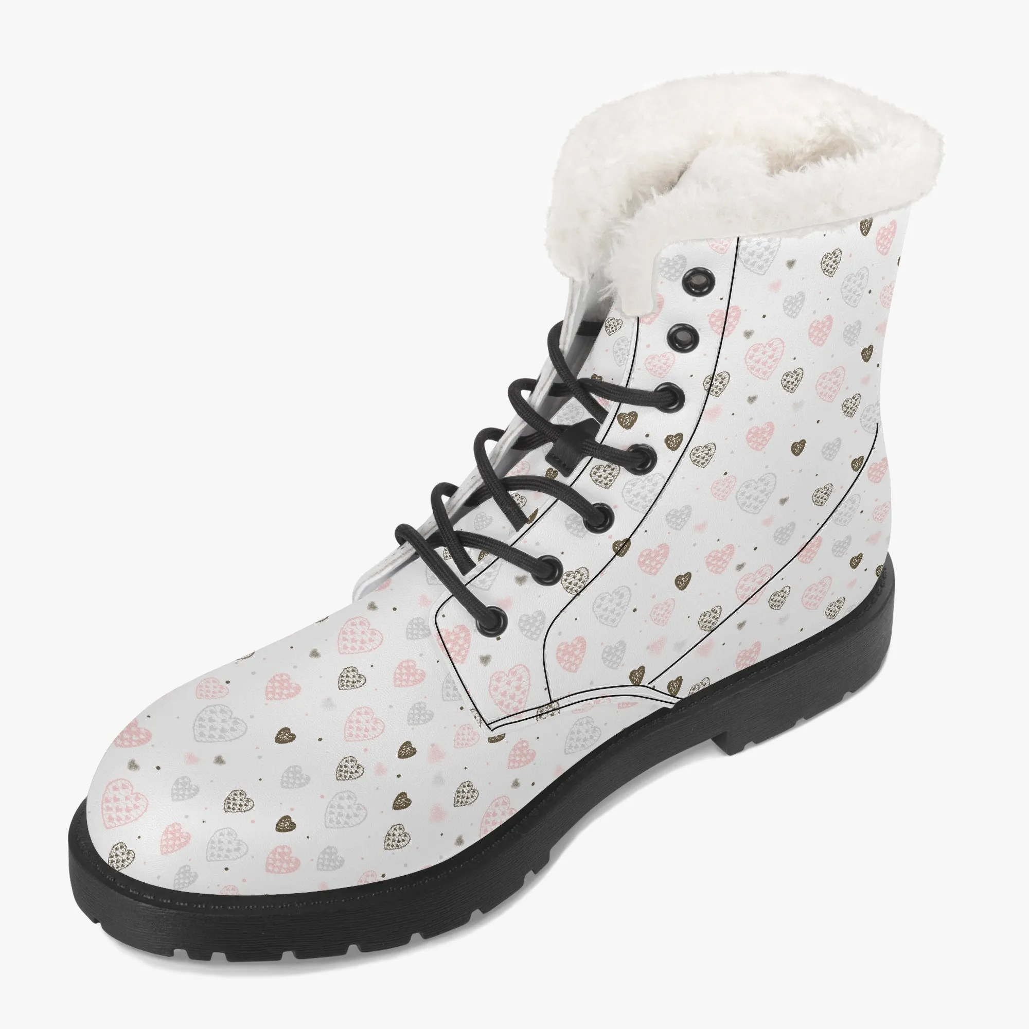 Faux Fur Leather Boots Multi Hearts