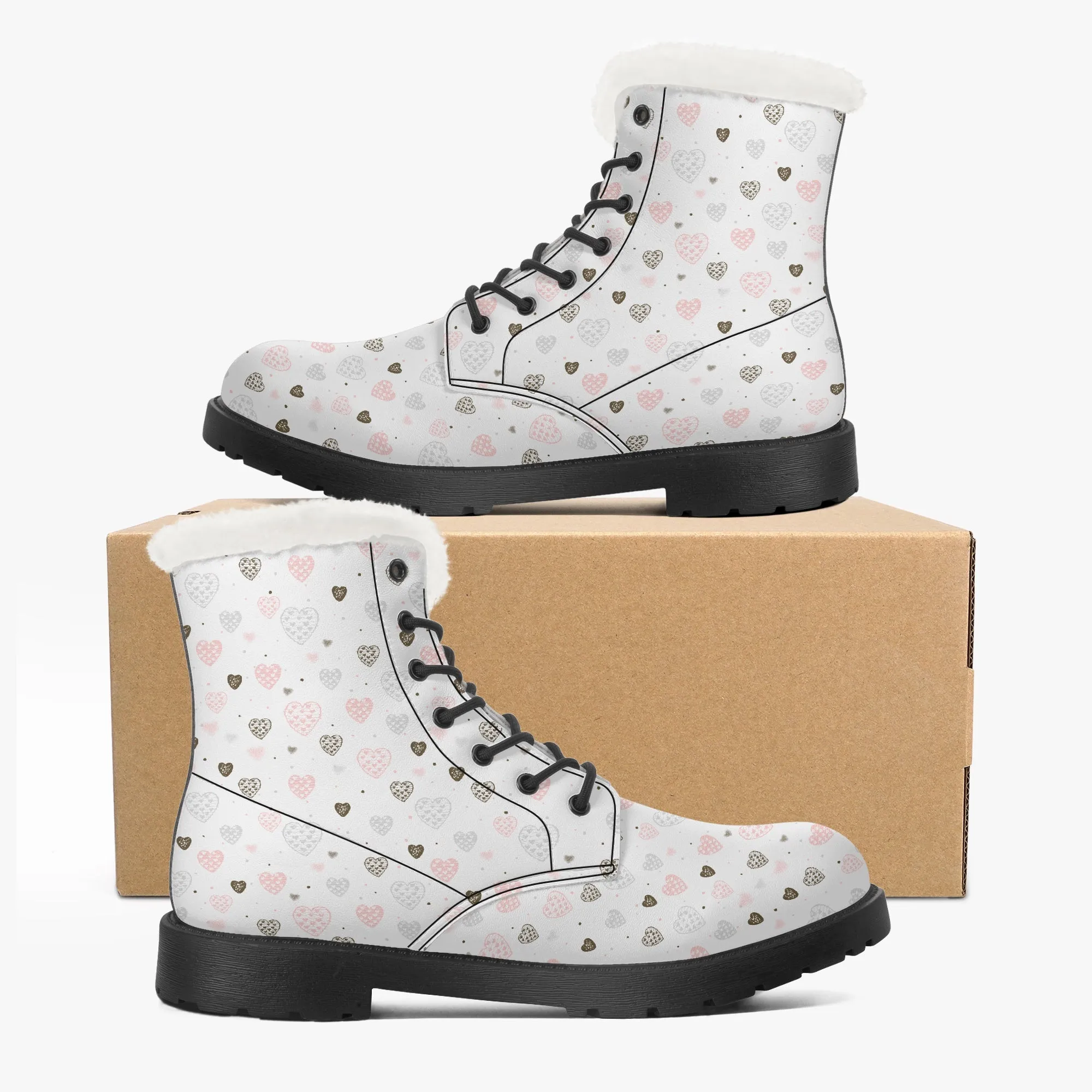 Faux Fur Leather Boots Multi Hearts