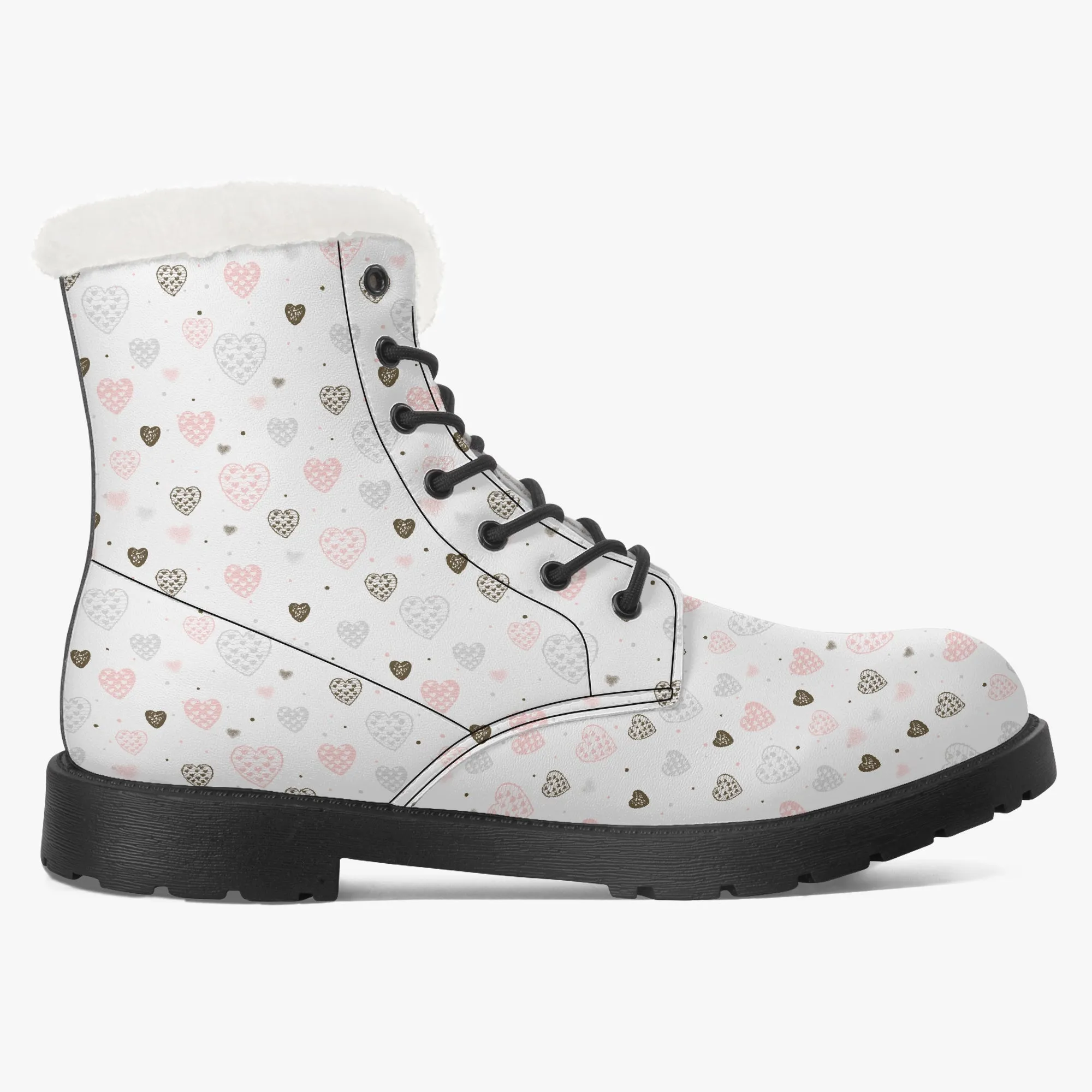 Faux Fur Leather Boots Multi Hearts