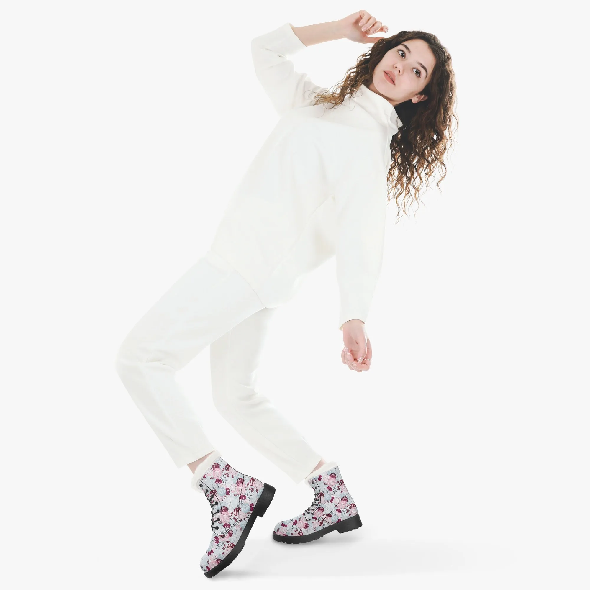 Faux Fur Leather Boots Roses Blue