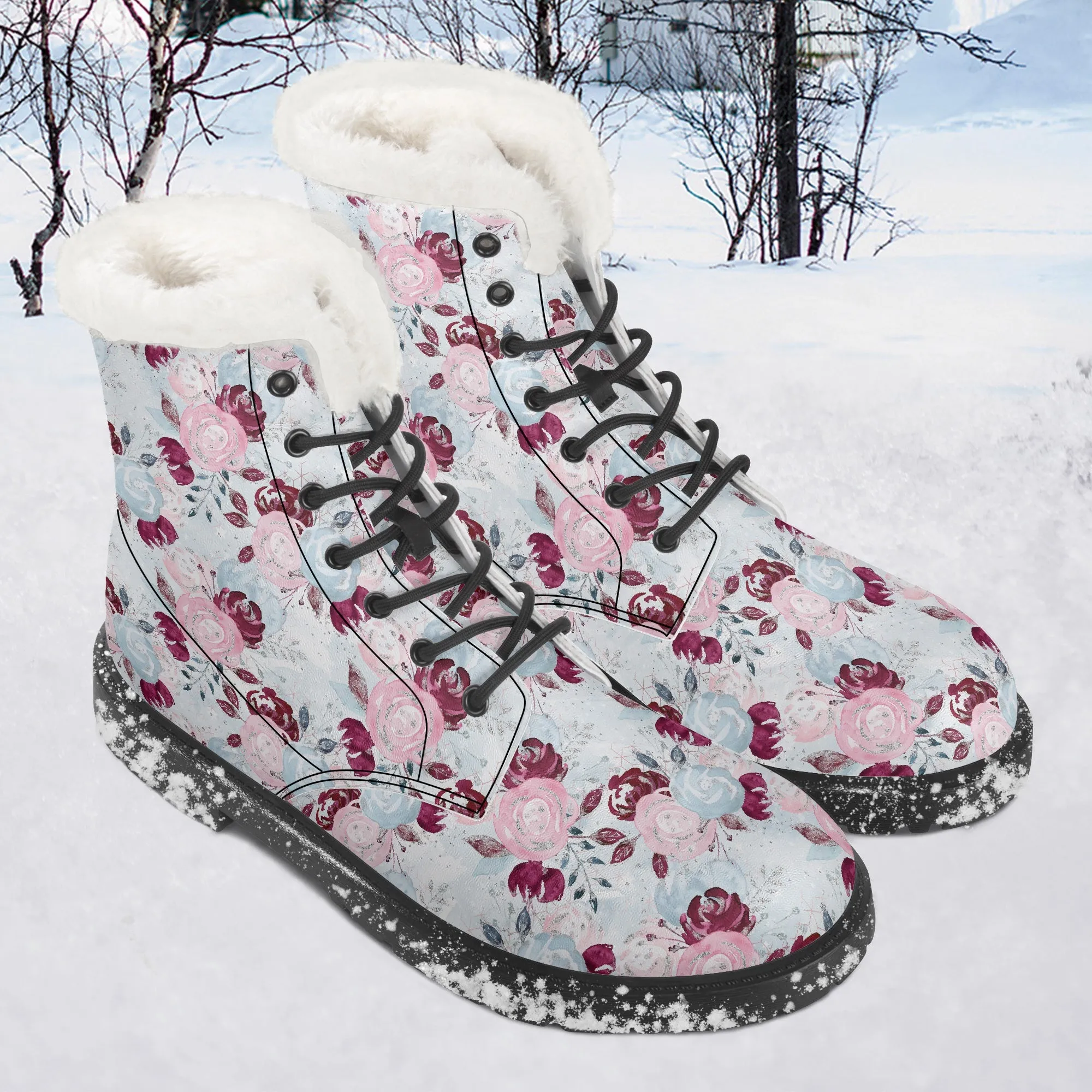 Faux Fur Leather Boots Roses Blue