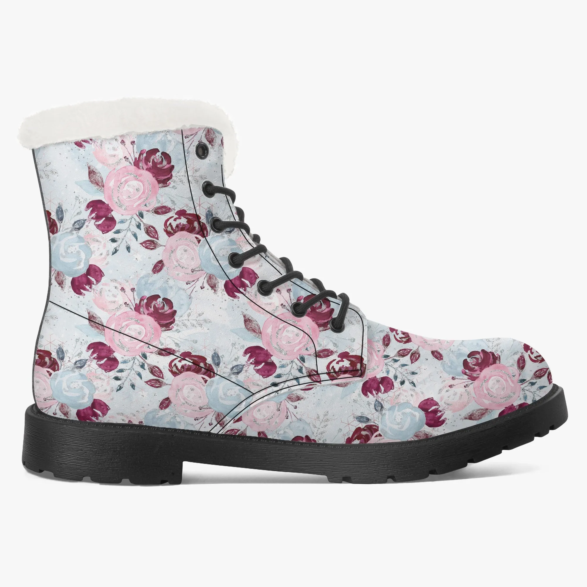 Faux Fur Leather Boots Roses Blue