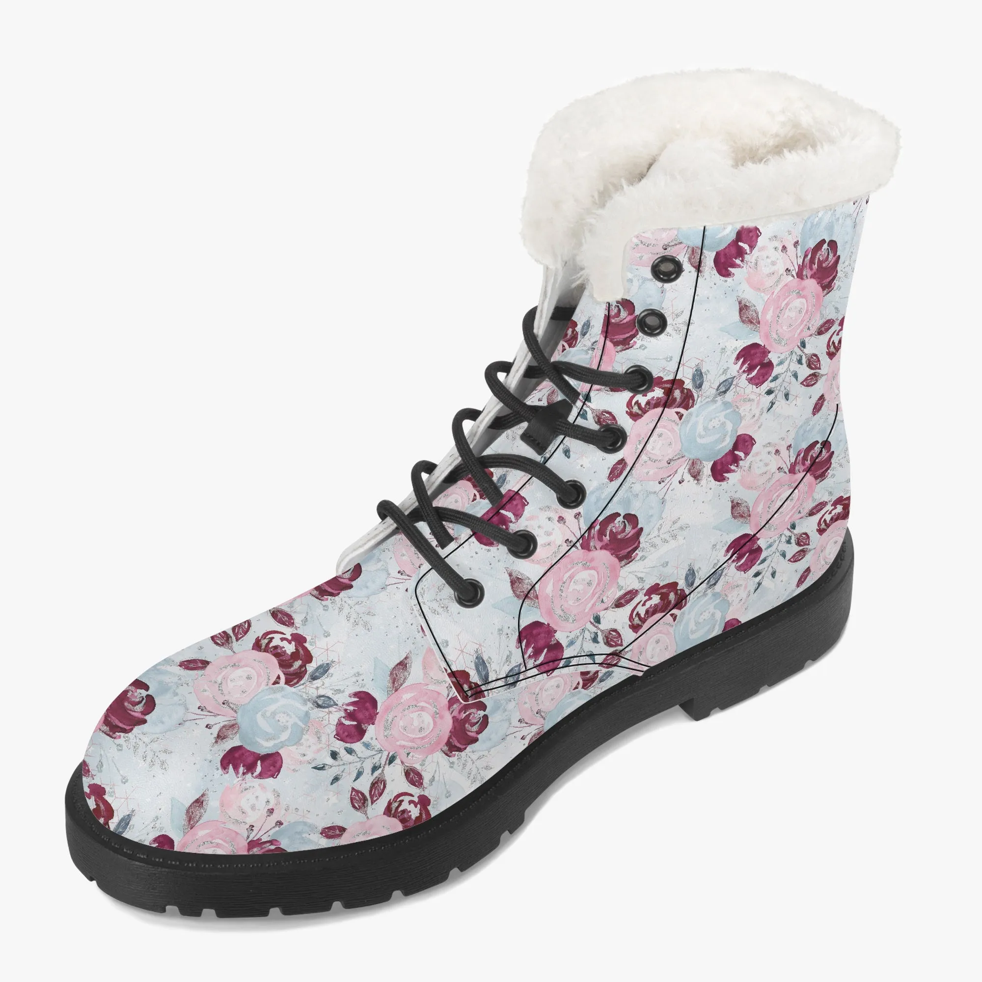 Faux Fur Leather Boots Roses Blue