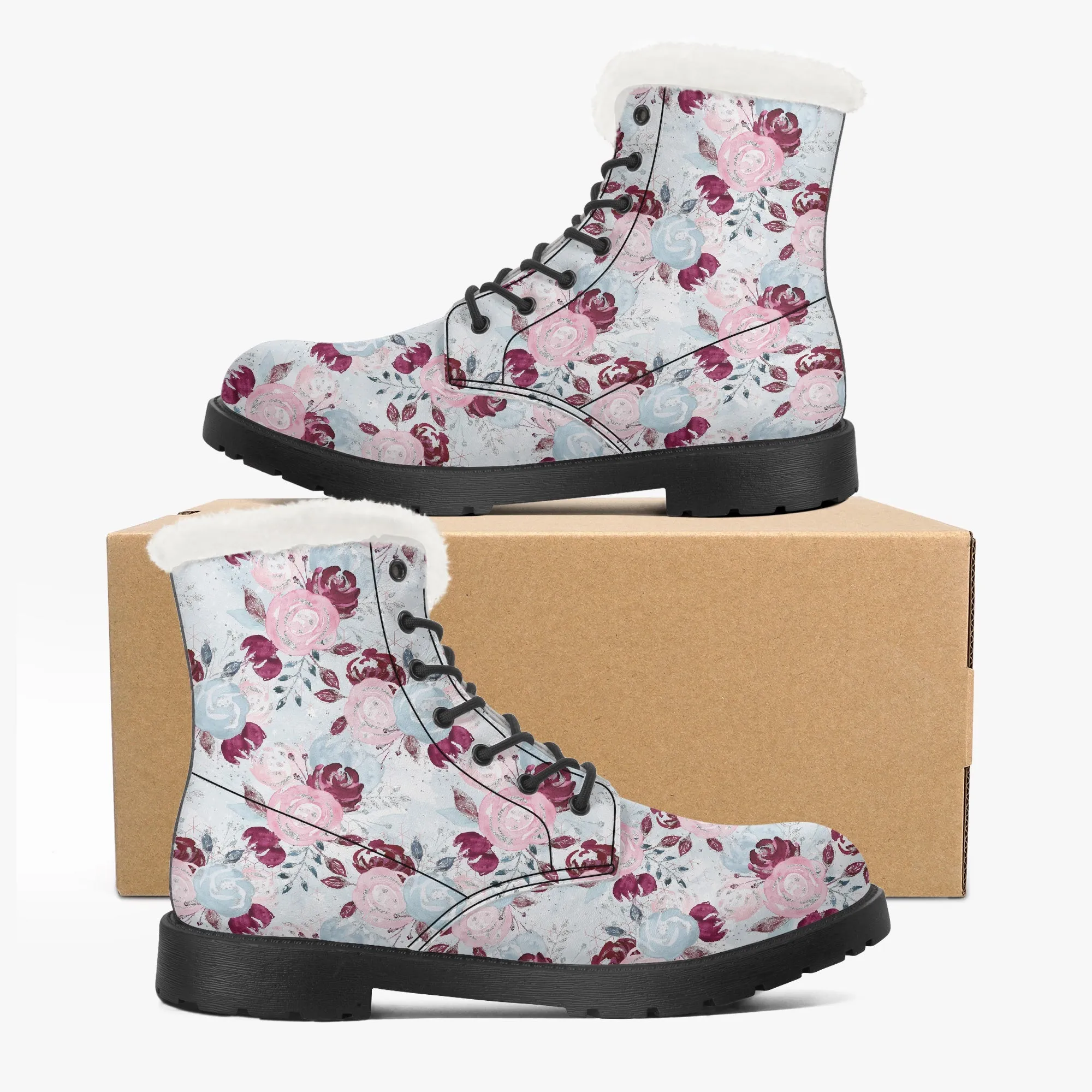 Faux Fur Leather Boots Roses Blue